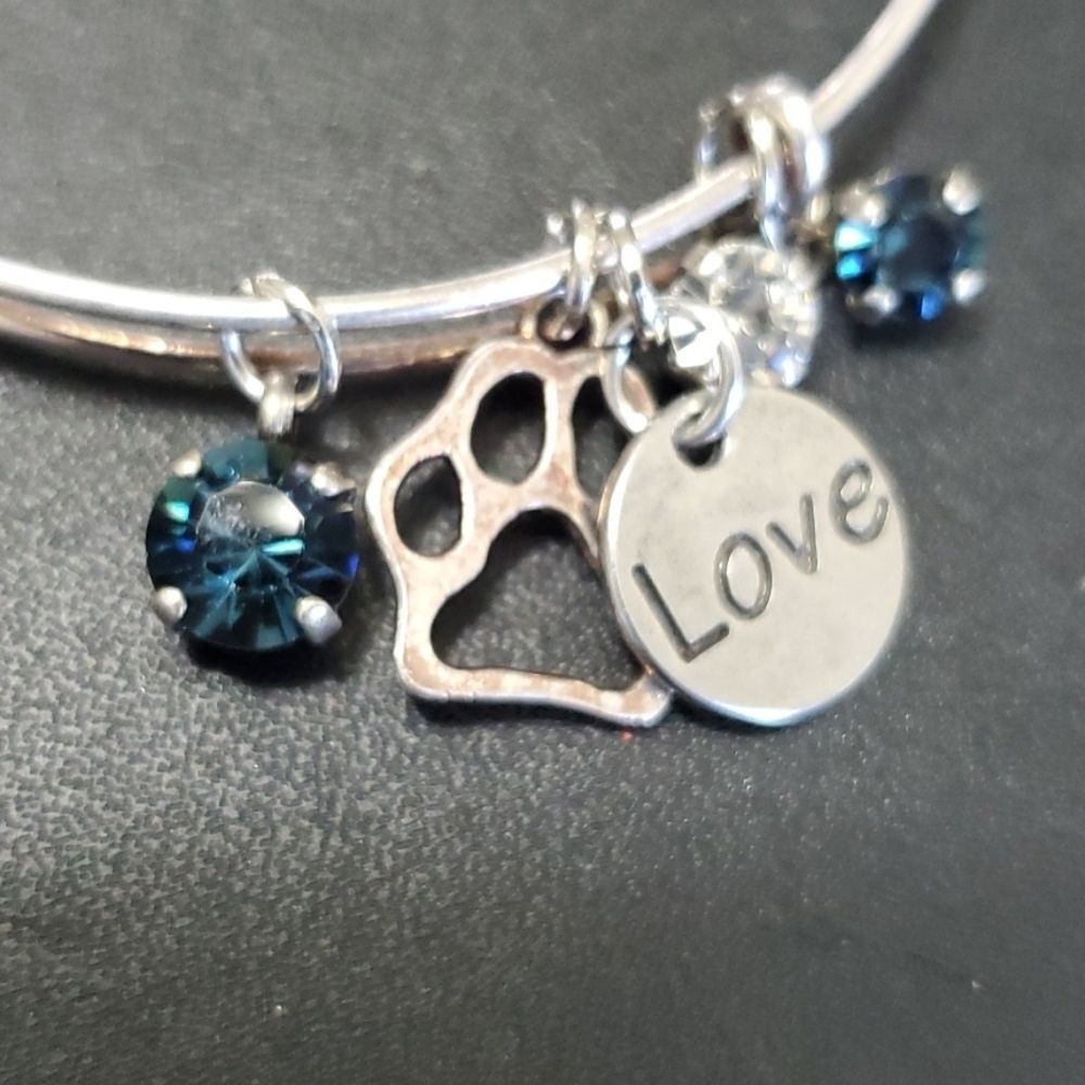 Silver tone slider pet charm bracelet paw love dog cat 8"